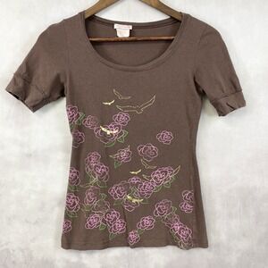 Y2K Big Flirt Baby Tee Top Womens Medium Rose Bird Graphic Stretch Indie Grunge